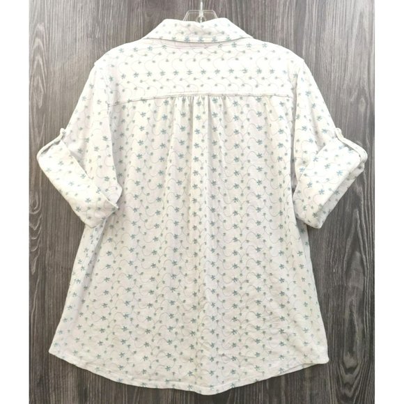 Cathy Daniels Women's Large Button Down Roll Tab Sleeve Blue White Micro Floral - Picture 3 of 10
